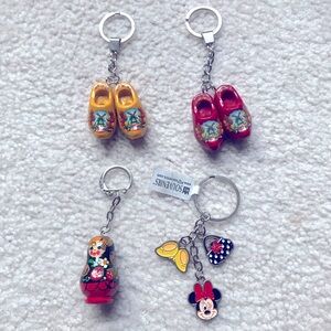 Set of 4 New Keychains: Dutch Wooden Shoes; Minnie Mouse; Vintage Russian Doll